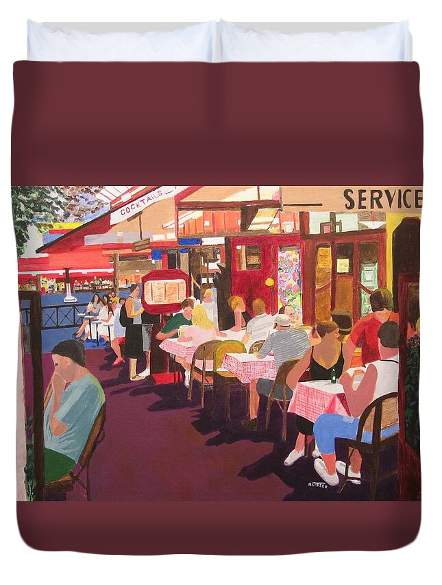 Paris Duvet Cover featuring the painting Paris Cafe at Dusk by David Bartsch