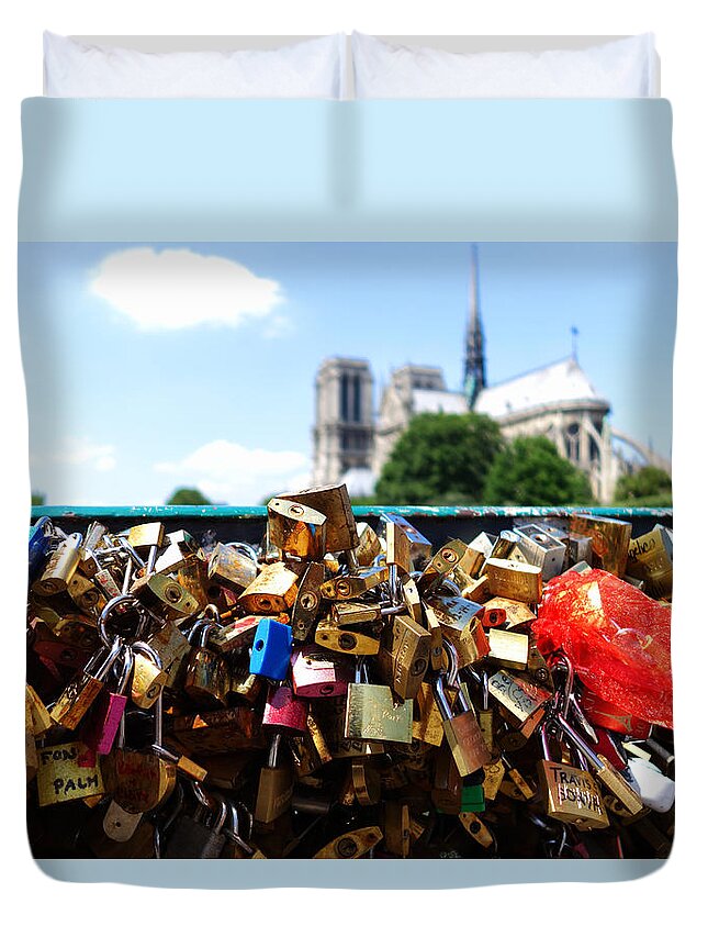 Paris Duvet Cover featuring the photograph Paris pont des arts Love Locks with Notre Dame in the background by Toby McGuire