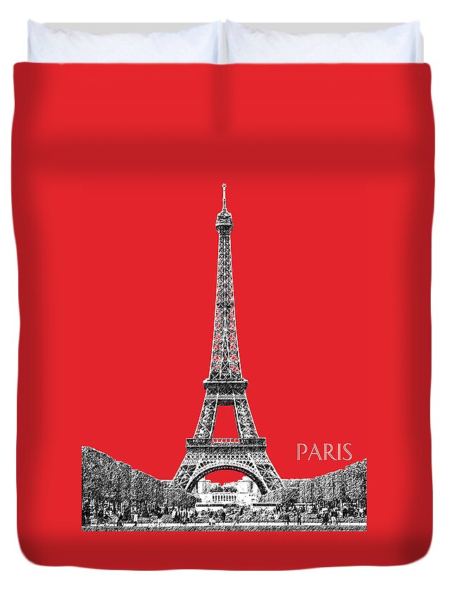 Architecture Duvet Cover featuring the digital art Paris Skyline Eiffel Tower - Red by DB Artist