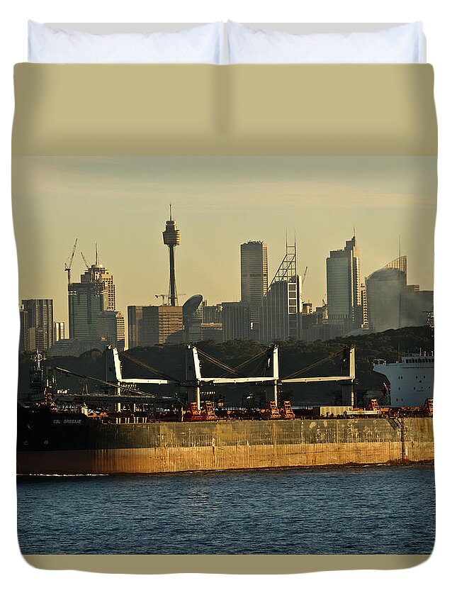 Sunset Duvet Cover featuring the photograph Passing Sydney in the sunset by Miroslava Jurcik