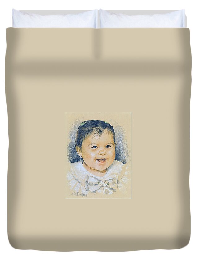  Duvet Cover featuring the pastel Pastel portrait of a girl in a white dress. Commission. by Alena Nikifarava