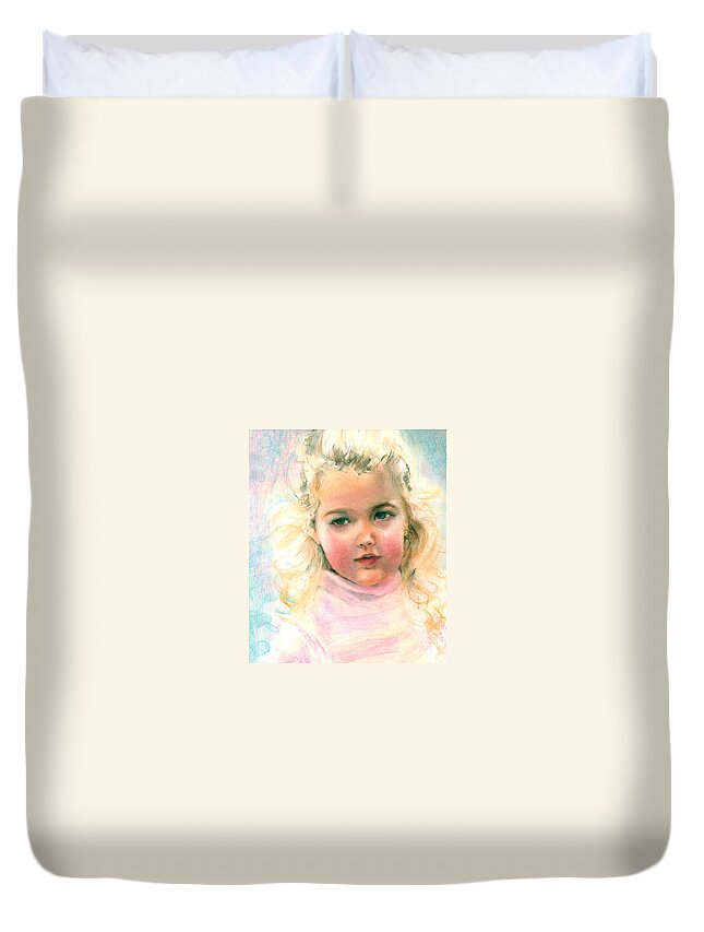 Greta Corens Pastel Portrait Of An Angelic Girl Duvet Cover featuring the painting Pastel portrait of an angelic girl by Greta Corens