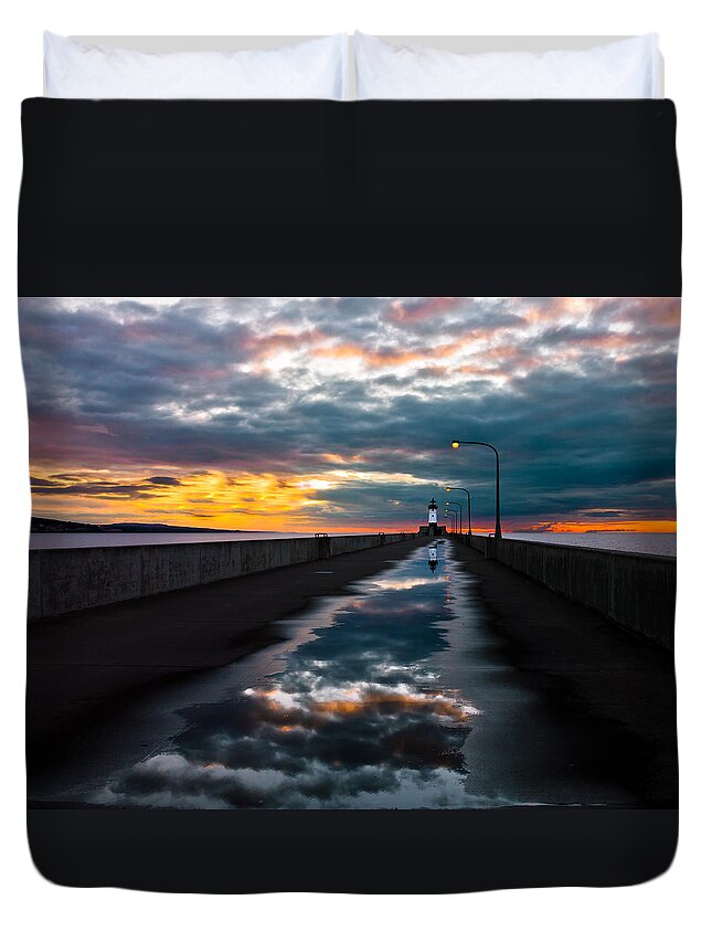 pathway To The Sun after The Rains lake Superior Sunrise reflection sunrise canal Park canal Park Lighthouse Duluth dawn On Lake Superior dawn In Canal Park wow pure Magic!greeting Cardslandscape Greeting Cards nature Greeting Cards Duvet Cover featuring the photograph Pathway to the Sun by Mary Amerman