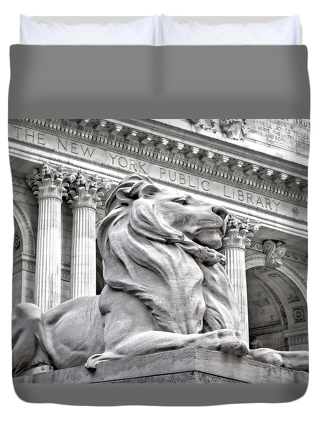 New York Public Library Duvet Cover featuring the photograph Patience The NYPL Lion by Susan Candelario