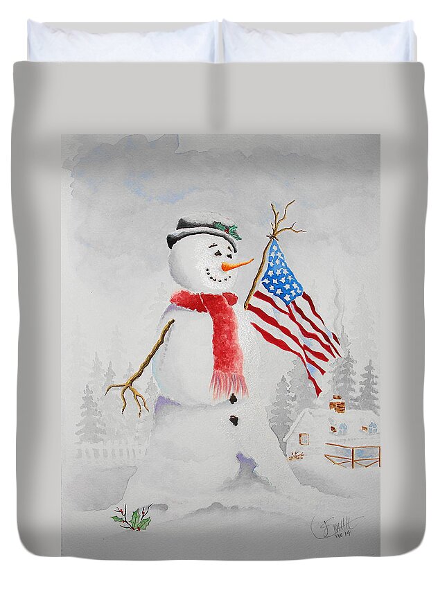Winter Duvet Cover featuring the painting Patriotic Snowman by Jimmy Smith