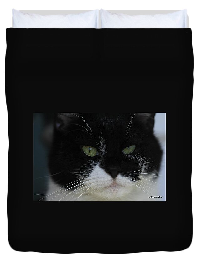 Tuxedo Duvet Cover featuring the photograph Green Eyes of a Tuxedo Cat by Valerie Collins