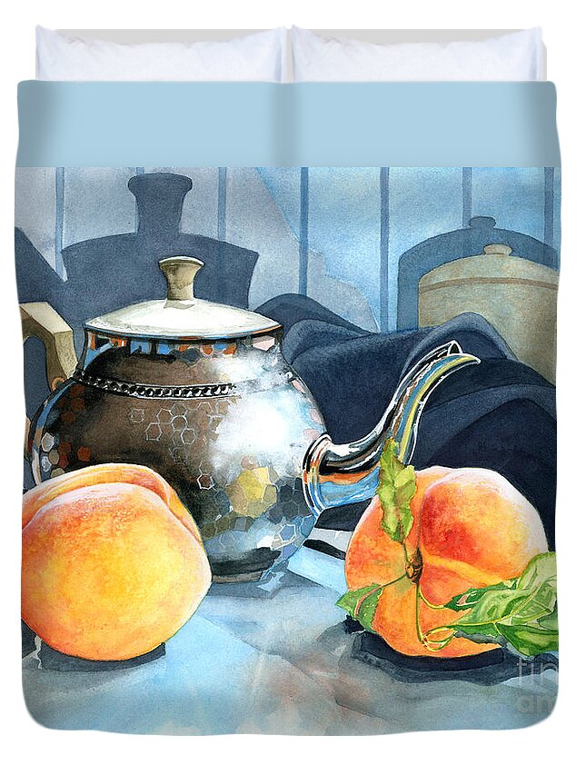 Fruit Duvet Cover featuring the painting Peaches and Tea by Barbara Jewell