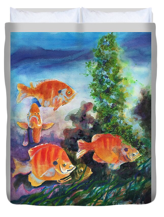 Paintings Duvet Cover featuring the painting Peachies Adrift 2 by Kathy Braud