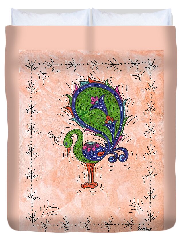 Peacock Duvet Cover featuring the painting Peachy Peacock by Susie Weber