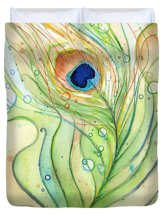 Peacock Duvet Cover featuring the painting Peacock Feather Watercolor by Olga Shvartsur