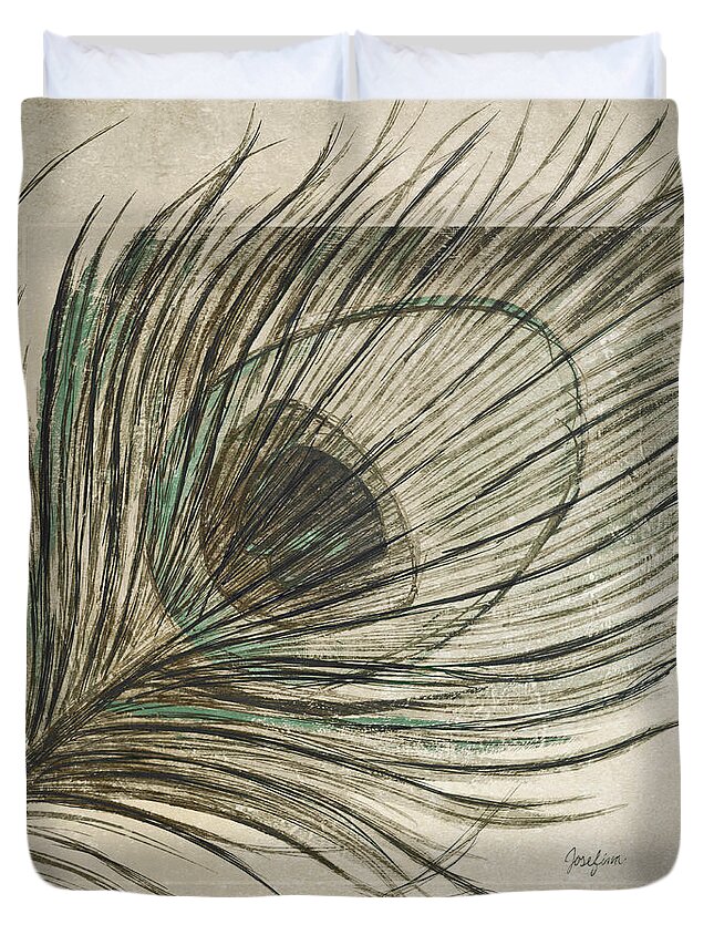 Birds Duvet Cover featuring the painting Peacock Feathers II by Josefina