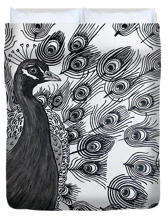 Line Art Duvet Cover featuring the drawing Peacock Walk by Megan Dirsa-DuBois