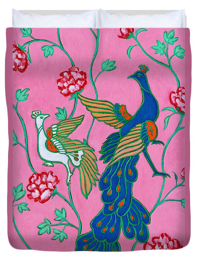 Peacock Duvet Cover featuring the painting Peacocks Flying Southeast by Xueling Zou