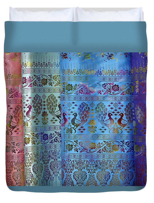 Asia Duvet Cover featuring the photograph Peacocks on Silk by Michele Burgess