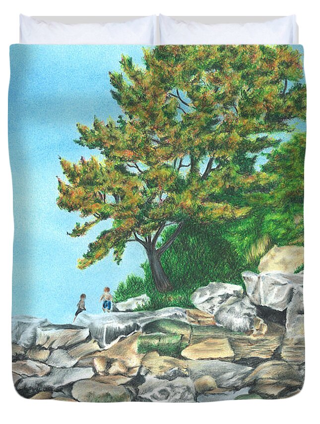 Early Fall Duvet Cover featuring the drawing Peaks Island by Troy Levesque