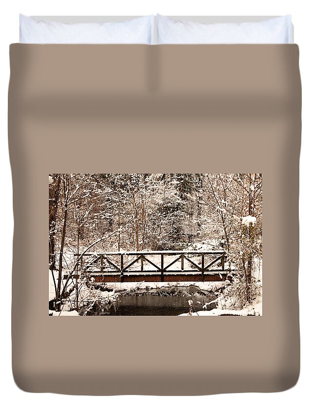 Winter Duvet Cover featuring the photograph Pedestrian bridge in the snow by Michael Porchik