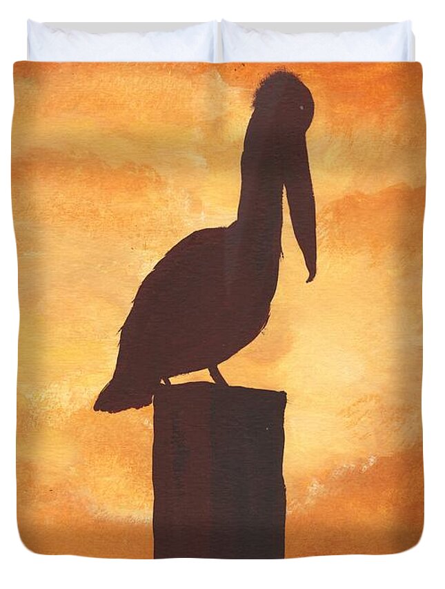 Art Duvet Cover featuring the painting Pelican - Is He Looking At You ...or...away From You by Myrtle Joy