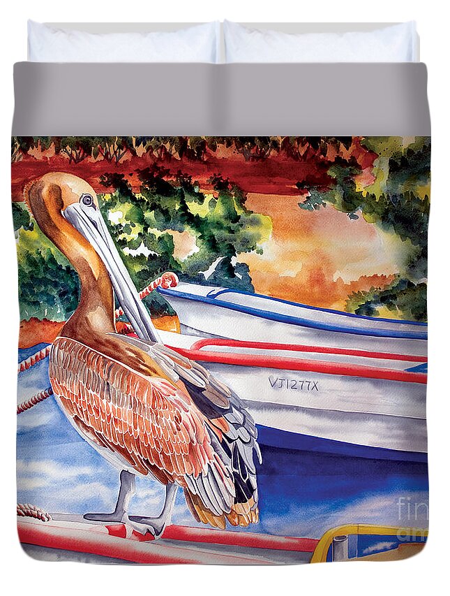 Pelican Duvet Cover featuring the painting Pelican on a Ponga by Kandyce Waltensperger