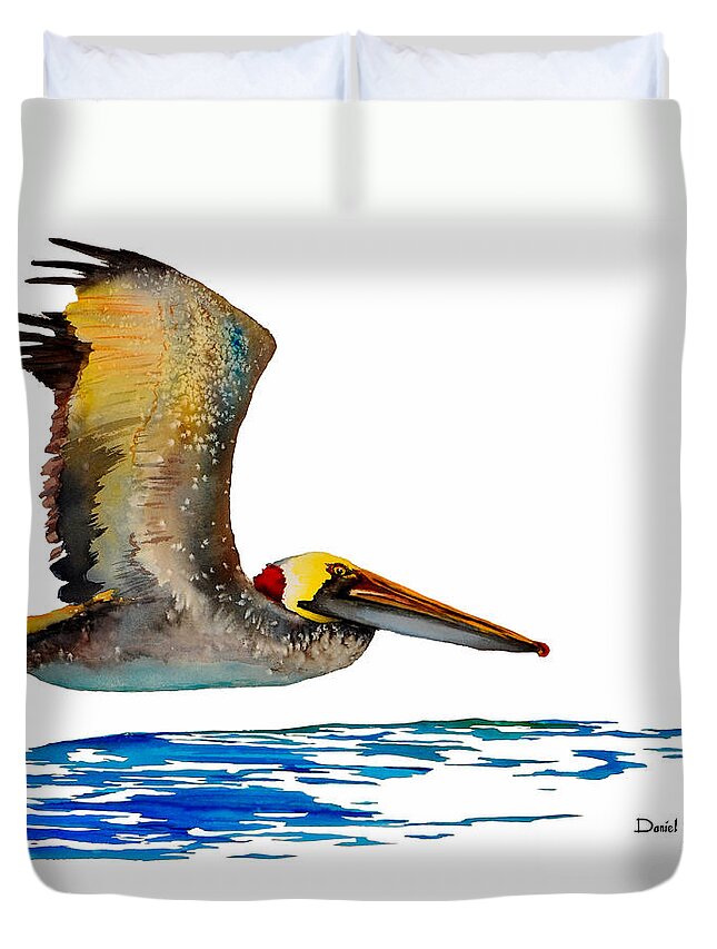 Pelican Duvet Cover featuring the painting Pelican Over Water by Daniel Adams