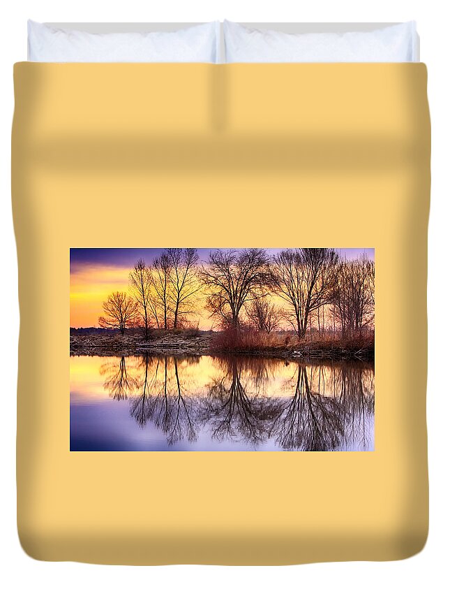 Sunrise Duvet Cover featuring the photograph Pella Crossing Sunrise Reflections HDR by James BO Insogna