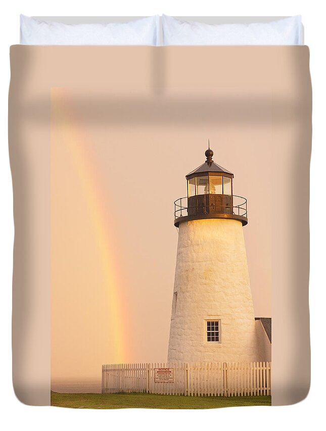 Lighthouse Duvet Cover featuring the photograph Pemaquid Point Lighthouse And Rainbow in Maine by Keith Webber Jr