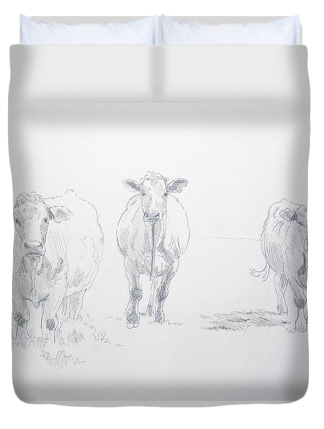 Cows Duvet Cover featuring the drawing Pencil drawing of three cows by Mike Jory
