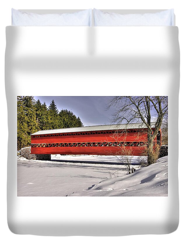Sachs Covered Bridge Duvet Cover featuring the photograph Pennsylvania Country Roads - Sachs Covered Bridge Over Marsh Creek B1 - Adams County Winter by Michael Mazaika
