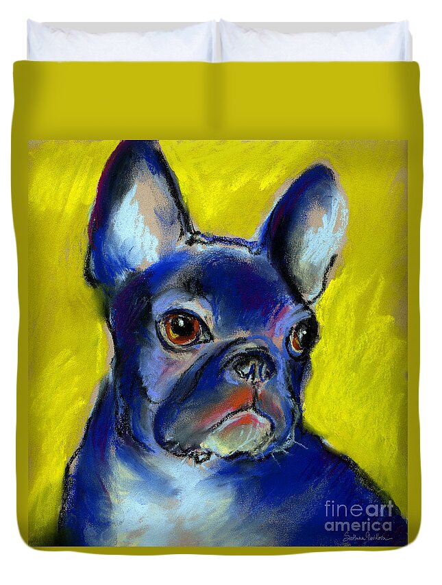 French Bulldog Duvet Cover featuring the painting Pensive French Bulldog portrait by Svetlana Novikova