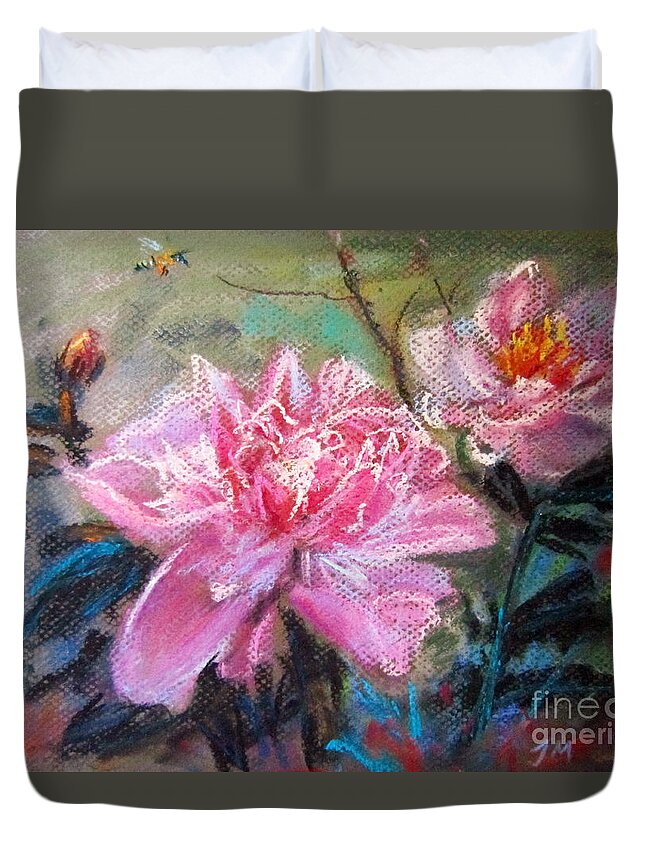 Peony Duvet Cover featuring the pastel Peony by Jieming Wang