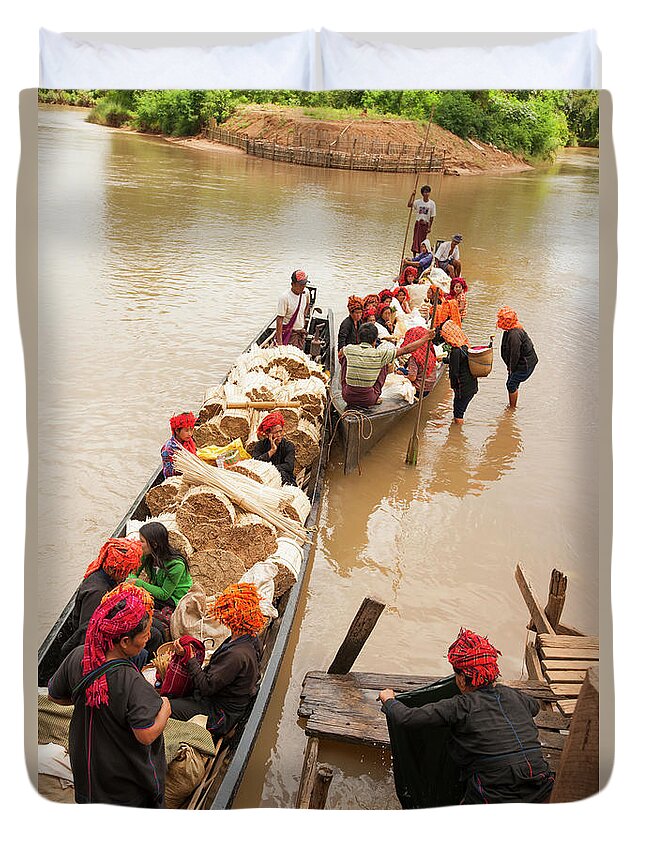 People Duvet Cover featuring the photograph People Going To Market, Inle Lake, Shan by Cultura Rm Exclusive/yellowdog