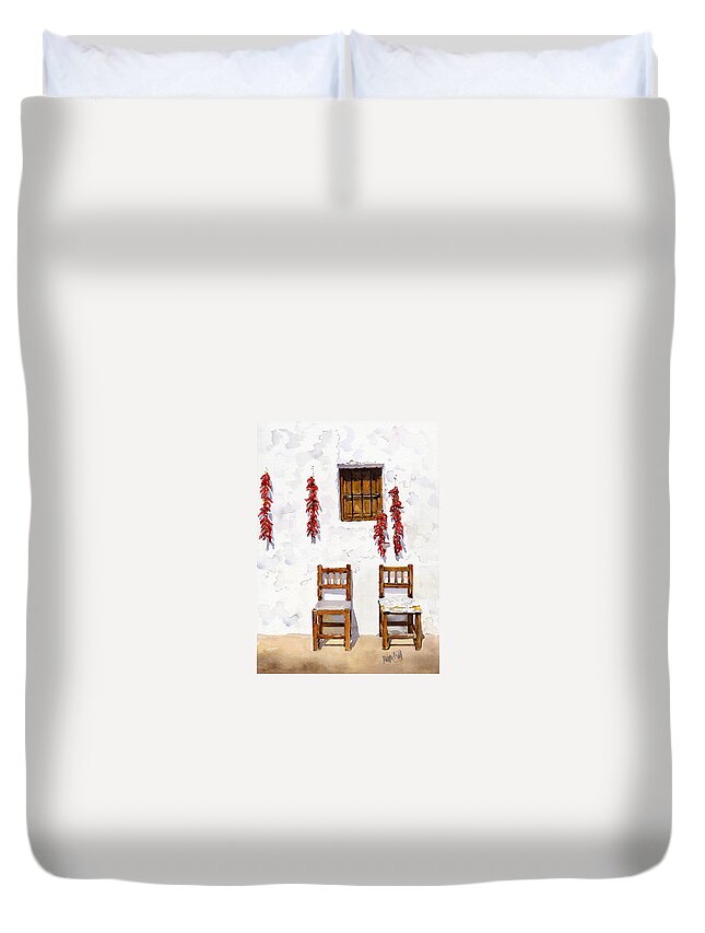 Cottage Duvet Cover featuring the painting Peppers and Chairs by Margaret Merry