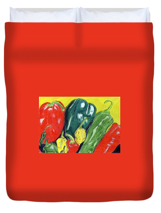 Fruit Duvet Cover featuring the painting Peppers by Linda Feinberg