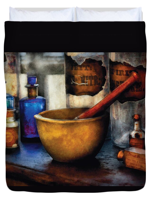 Savad Duvet Cover featuring the photograph Pharmacist - Mortar and Pestle by Mike Savad