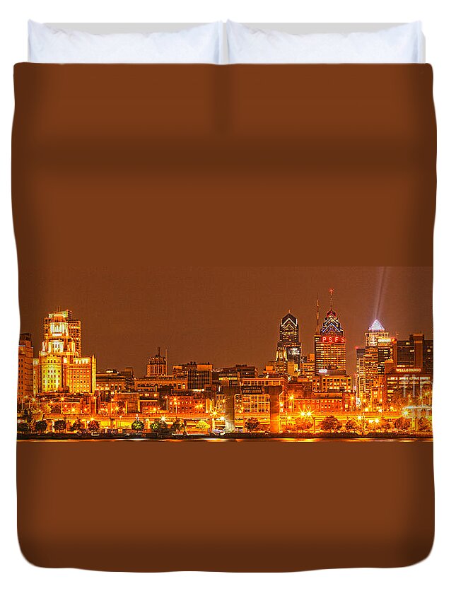Philadelphia Skyline Duvet Cover featuring the photograph Philadelphia Lights Up The Sky by Adam Jewell