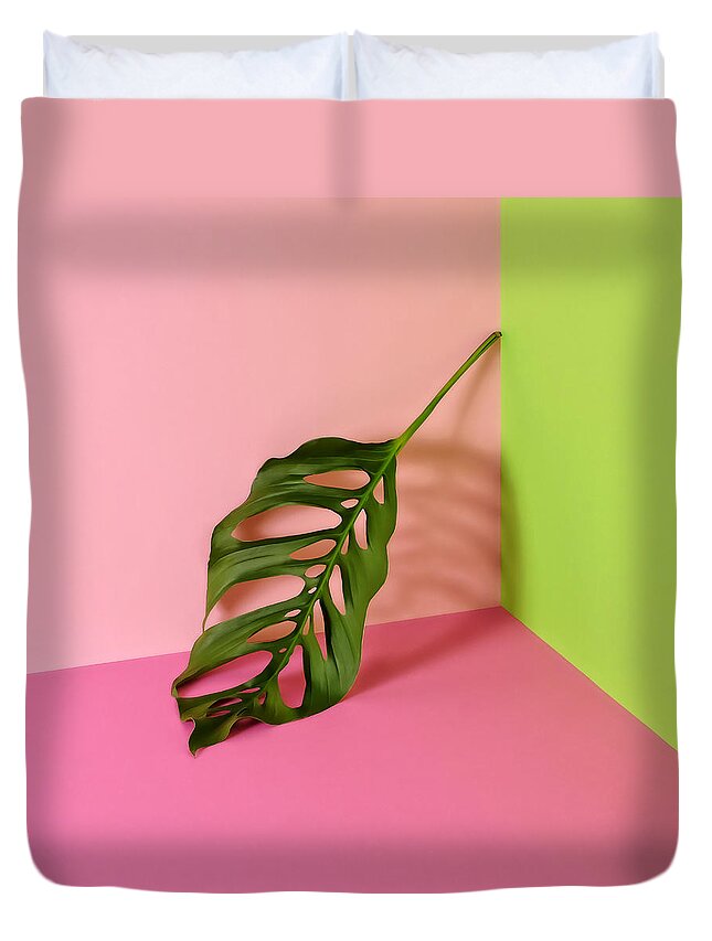 Sparse Duvet Cover featuring the photograph Philodendron Leaf Leaning In Corner Of by Juj Winn