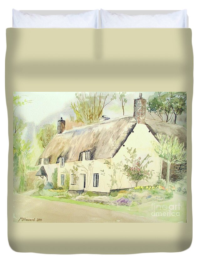 Dunster Duvet Cover featuring the painting Picturesque Dunster Cottage by Martin Howard