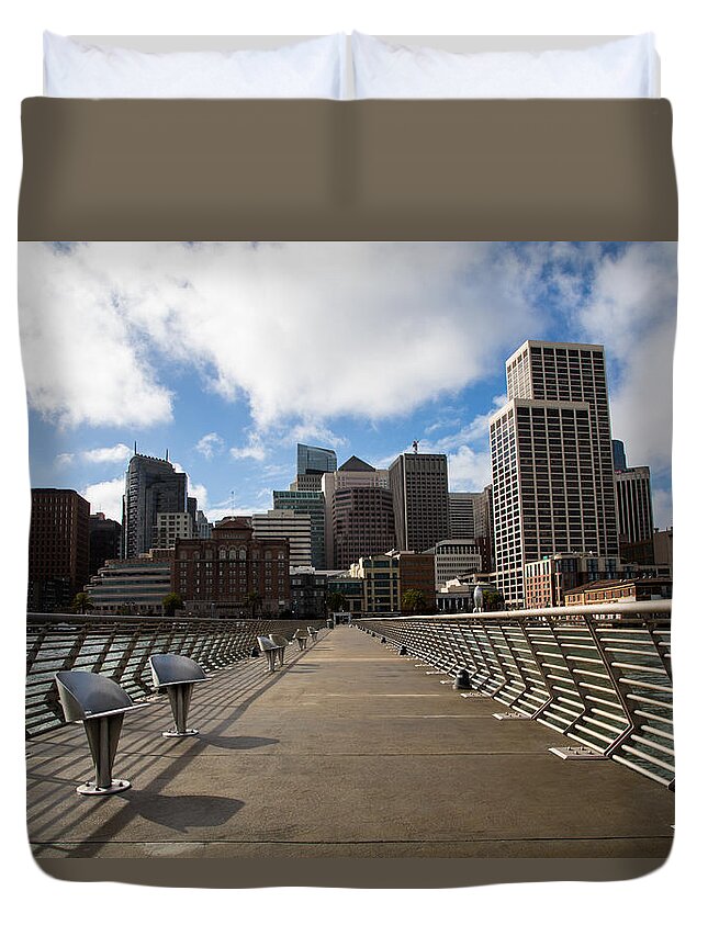 Pier Duvet Cover featuring the photograph Pier 14 Skyline by John Daly