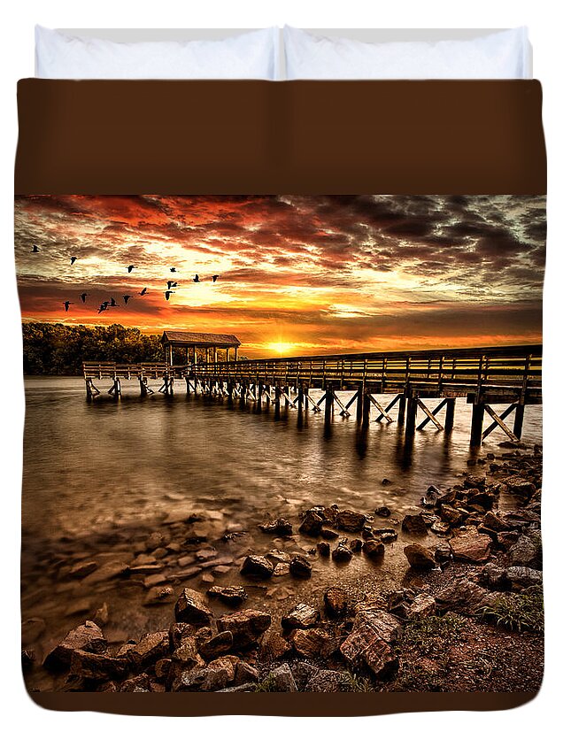 Pier Duvet Cover featuring the photograph Pier at Smith Mountain Lake by Joshua Minso