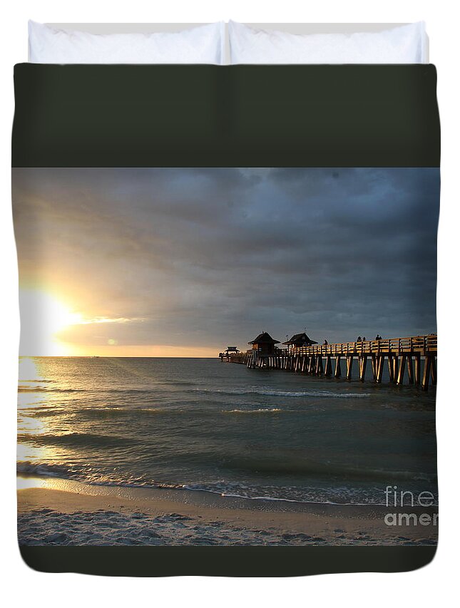 Pier Duvet Cover featuring the photograph Pier Sunset Naples by Christiane Schulze Art And Photography