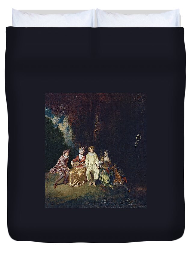 Antoine Watteau Duvet Cover featuring the painting Pierrot Content by Antoine Watteau