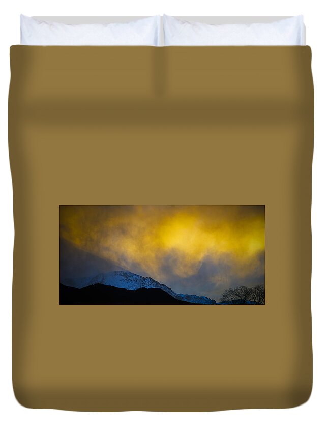 Pike's Peak Snow At Sunset Duvet Cover featuring the photograph Pike's Peak snow at sunset by Greg Reed