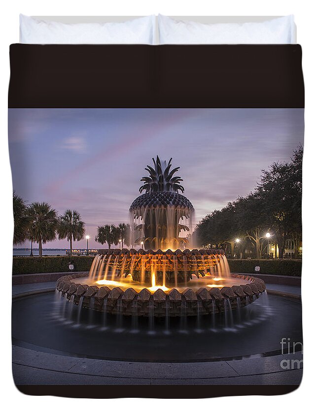 Pineapple Fountain Duvet Cover featuring the photograph Pineapple Fountain at Night by Dale Powell