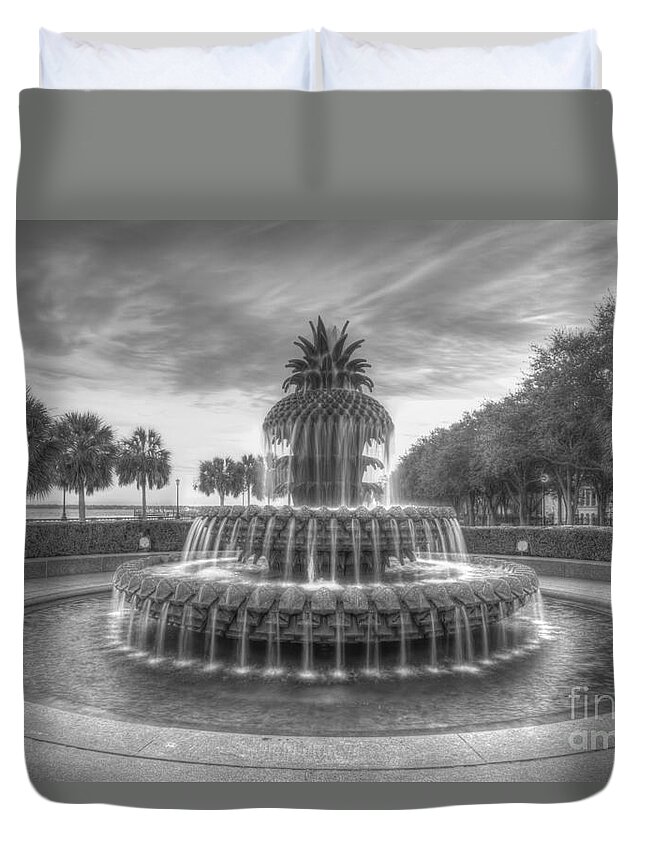 Pineapple Duvet Cover featuring the photograph Pineapple Fountain in Black and White by Dale Powell