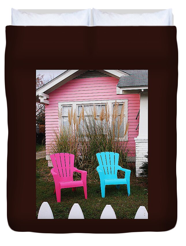 Pink Duvet Cover featuring the photograph Pink and Blue Chairs by Jan Marvin by Jan Marvin