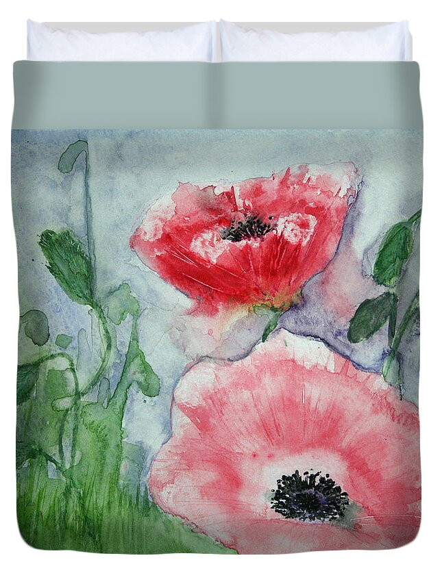 Pink Duvet Cover featuring the painting Pink Anemones by Marna Edwards Flavell