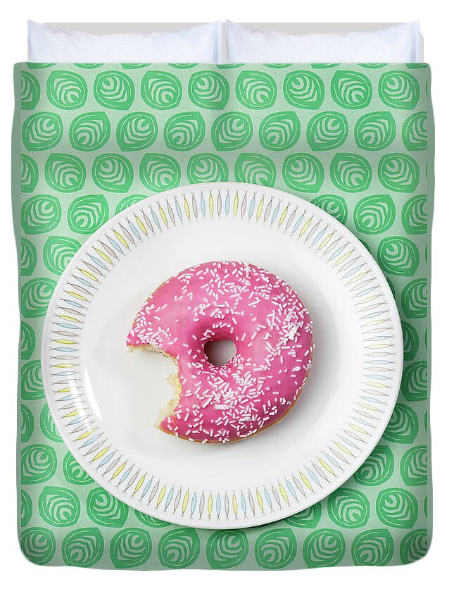 Unhealthy Eating Duvet Cover featuring the photograph Pink Donut by Muriel De Seze