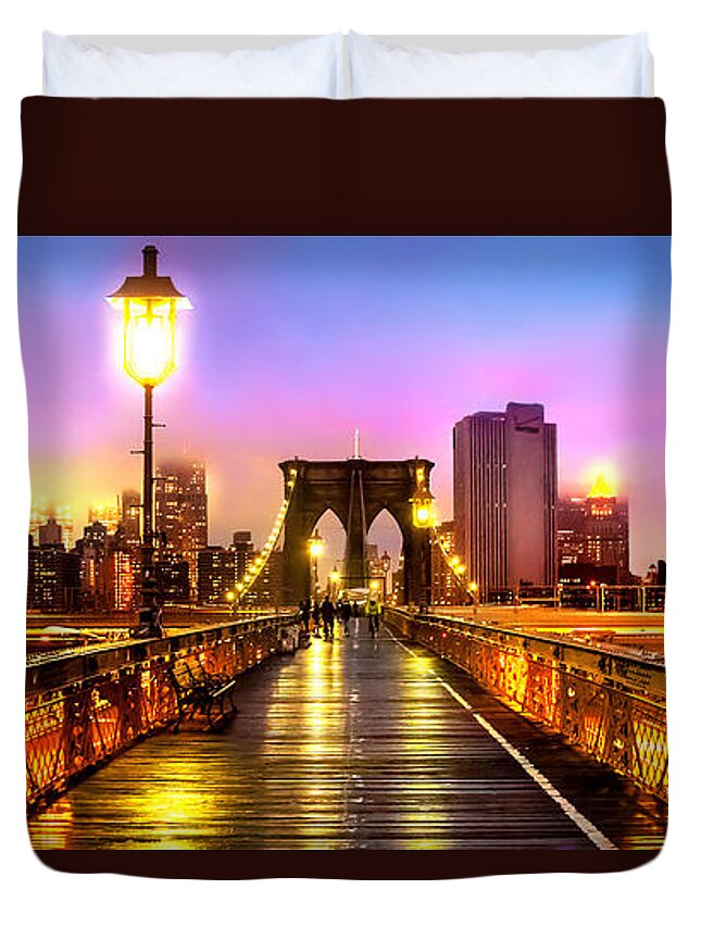 Brooklyn Bridge Duvet Cover featuring the photograph Pink Fog Of New York City by Az Jackson