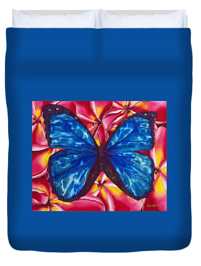 Frangipani Flower Duvet Cover featuring the painting Blue Morpho Butterfly by Daniel Jean-Baptiste