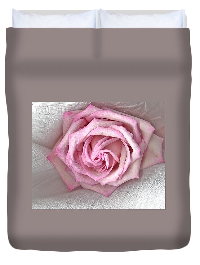 Pink Rose And Linen Duvet Cover featuring the photograph Pink Rose And Linen by Sandra Foster