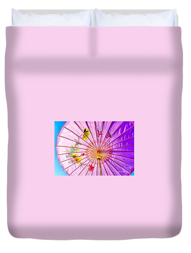 Parasol Duvet Cover featuring the photograph Pink Shelter by Krissy Katsimbras